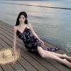 Seaside Vacation Wind V-neck Floral Neck Suspender Dress, Beautiful Waist Slim-fitting Hip-wrapped Split-fork Long Dress