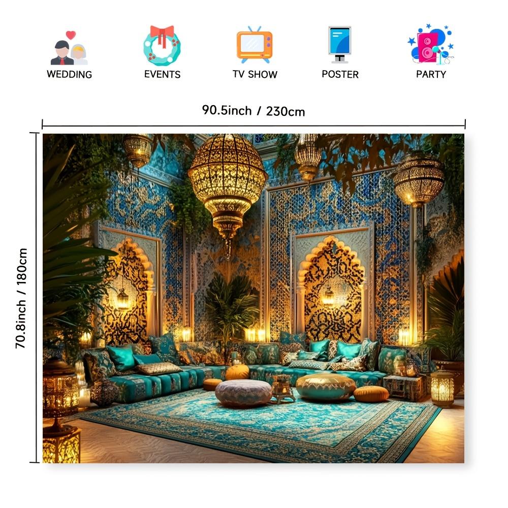 An Elegant Moroccan Lantern Scene Background - Polyester Fiber, Multi-functional, with Complex Blue, Gold and White Patterns