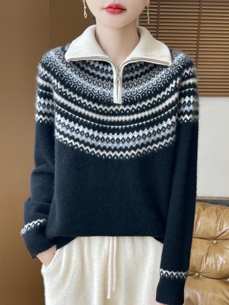 Women's Half-Zip Fair Isle Retro Wool Sweater - Autumn/Winter Knitwear