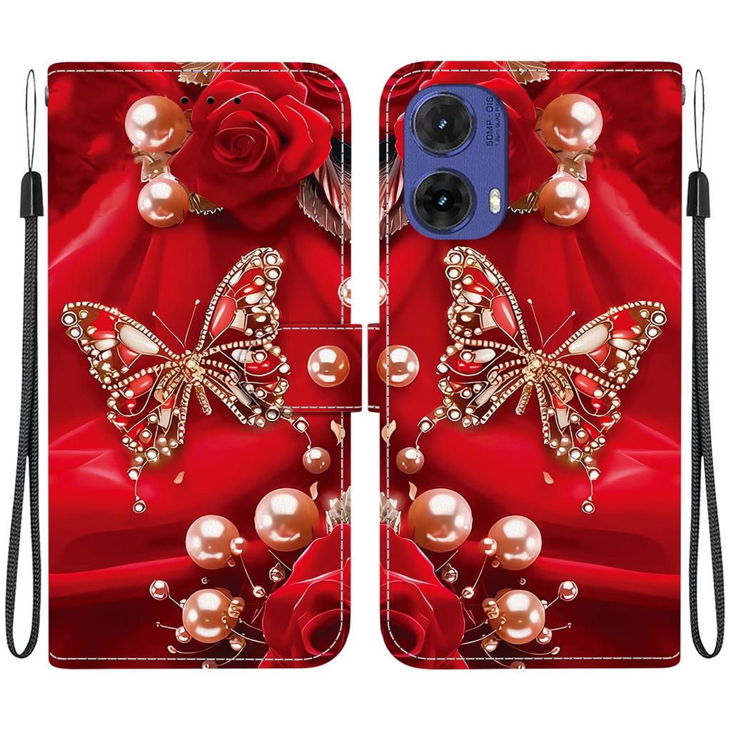 Ručně vyráběné PU kožené flipové pouzdro pro Motorola Moto G85 Protiskluzový nárazuvzdorný kryt s poutkem na zápěstí a designy Srdce/Růže Kočka