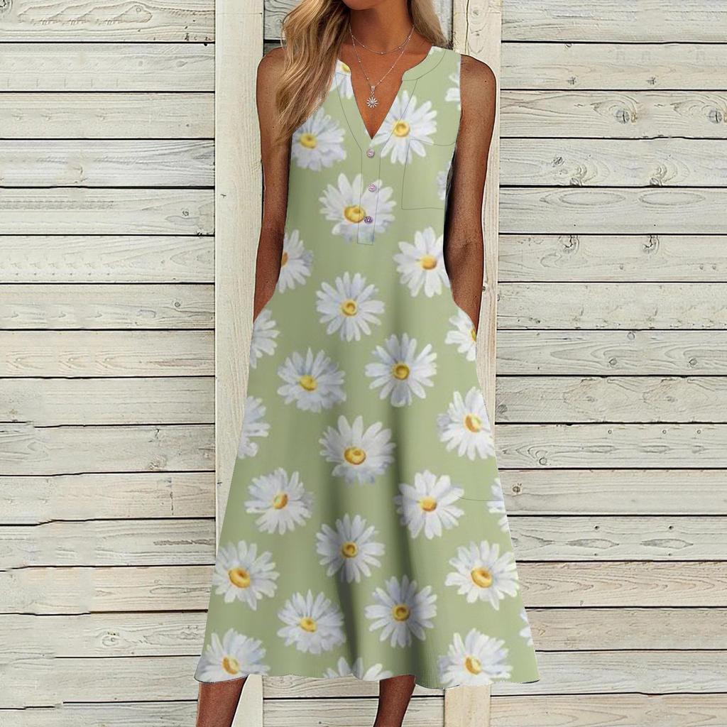 European and American summer new women's clothing, fashionable pocket V-neck striped sleeveless casual dress
