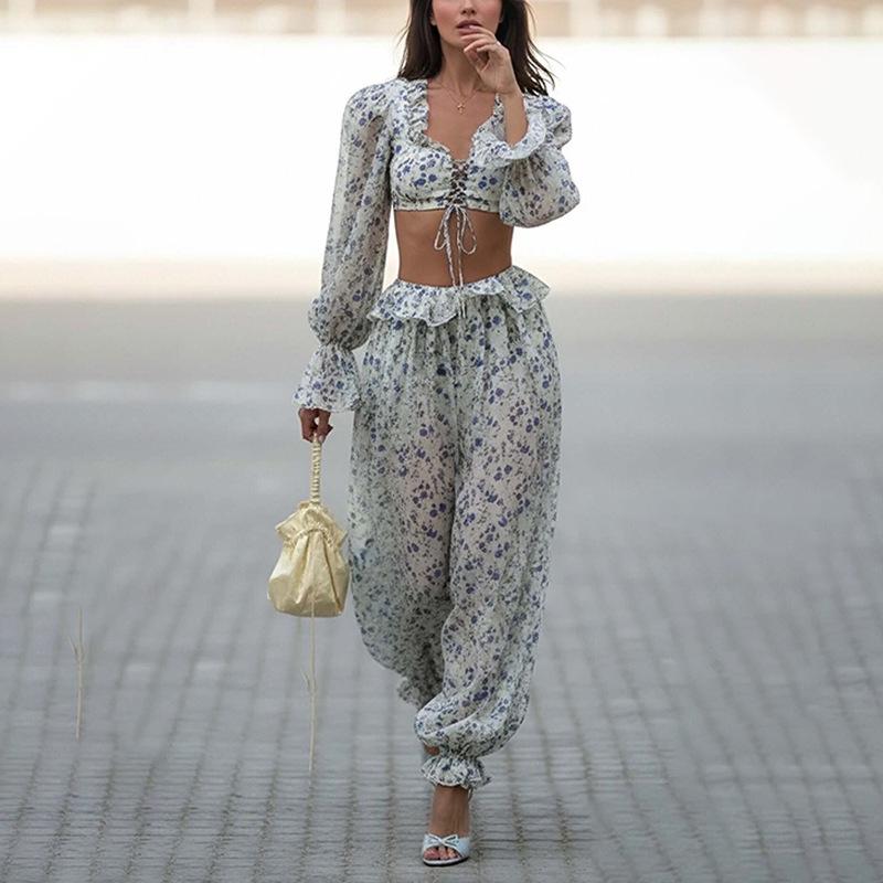 European & American Women's Fashion Long-Sleeve Cropped Top and Trousers Two-Piece Set (2026)