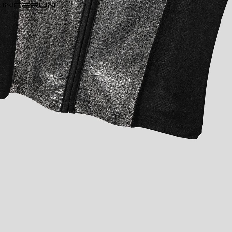 INCERUN Men Short Sleeve Mesh Sheer Glitter Patchwork Party T-shirts Tops