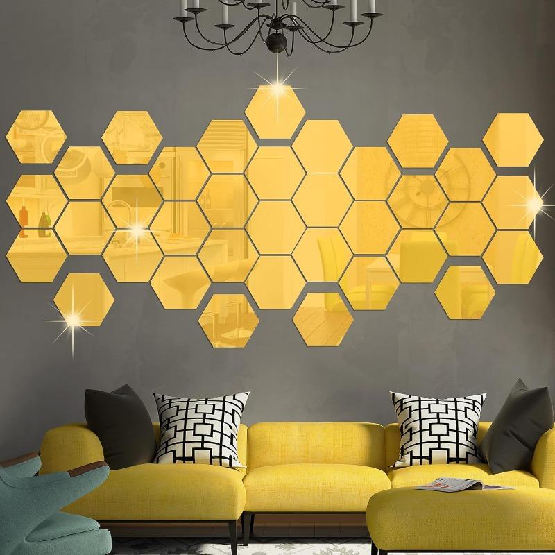 36Pcs Acrylic Hexagon Mirror Decals DIY 3D Geometric Mirror Art Setting Wall Decor for Bedroom, Living Room, Office, Kitchen