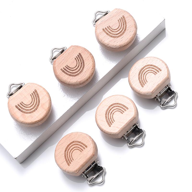 5Pcs/Lot Food Grade Beech Wooden Pacifier Clip Heart Animal Rainbow Pattern Dummy Holder Clip for DIY Teething Pacifier Chain