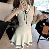 Women's White Short Sleeve Peter Pan Collar Bow Sundress Striped Hem Stretchy Ribbed Knit A-Line Mini Dress Casual Party Dress
