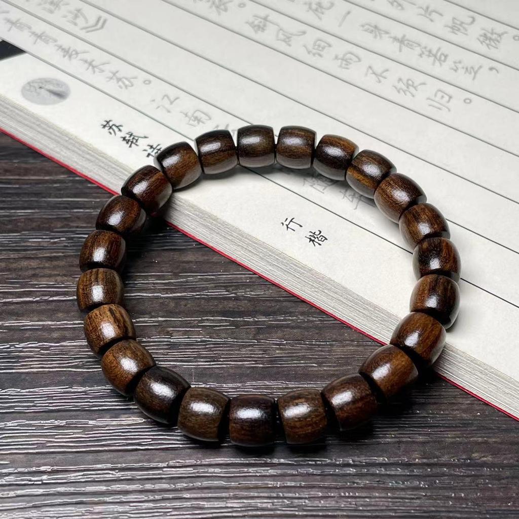 Ethnic Green Sandalwood Straight-Cut Barrel Bead Bracelet, Handmade Unisex Cultural Play Single Loop