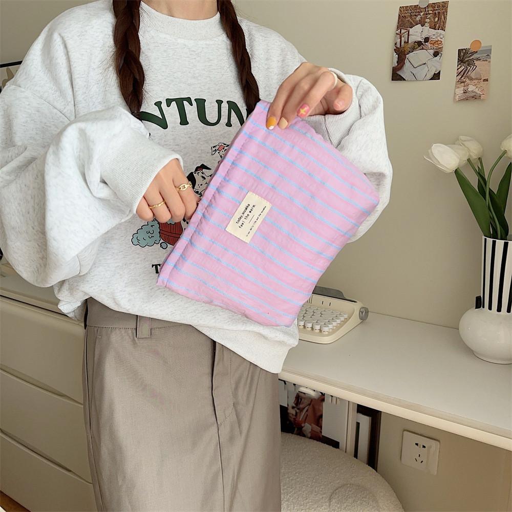 Cute Canvas Striped Travel Cosmetic Lipstick Brush Storage Bag Toiletry Kit Girl Kawaii Makeup Handbags Organizer Pouch Bag
