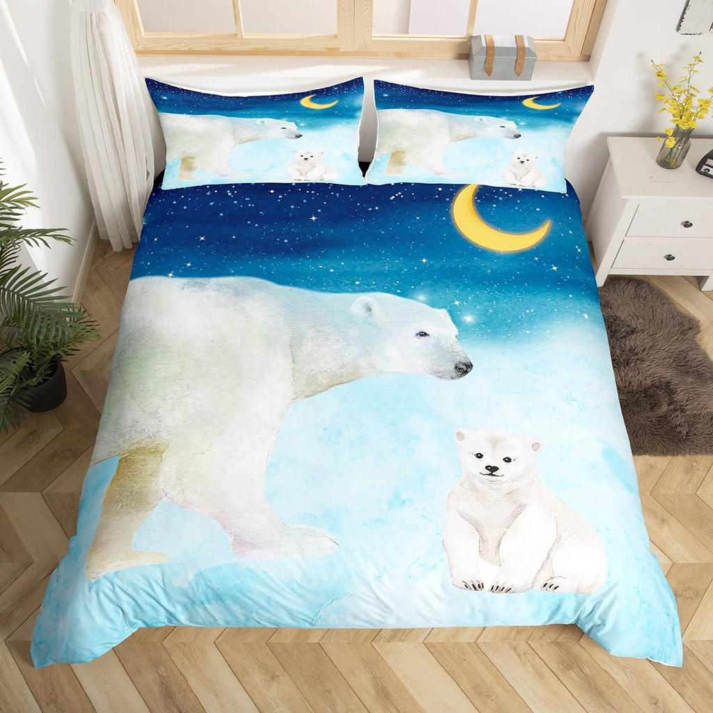 Bear Pattern Bedding Set Polar Bear Duvet Cover for Child Adult,White Bear Snow Mountain Sunset Soft Microfiber Comforter Cover