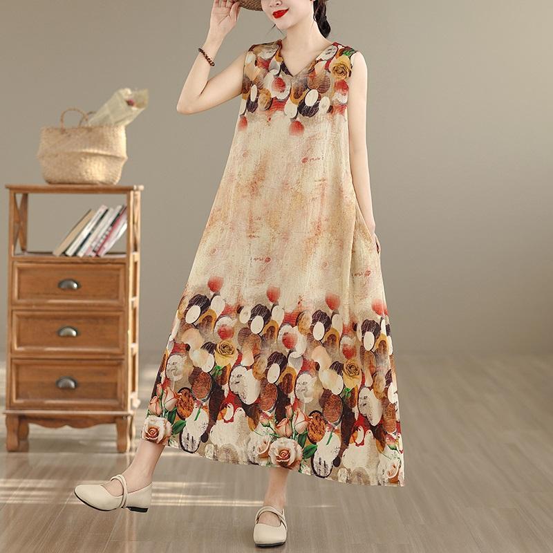 Sleeveless Plus Size Cotton Vintage Floral New In Dresses for Women Casual Loose Long Summer Dress