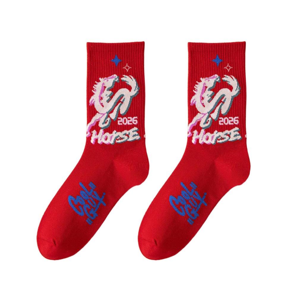 Chinese Culture Year of The Horse Socks Cartoon Red Cotton Socks Zodiac Year Socks Winter Autumn
