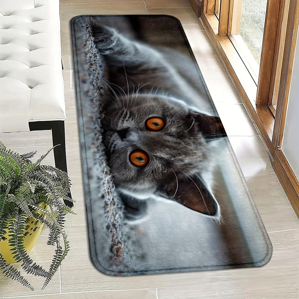 Süße hervorlugende graue Katze Langer Küchenläufer, Rutschfeste wasserabsorbierende Tierdruck-Läuferbodenmatte für Flur Heimdekoration