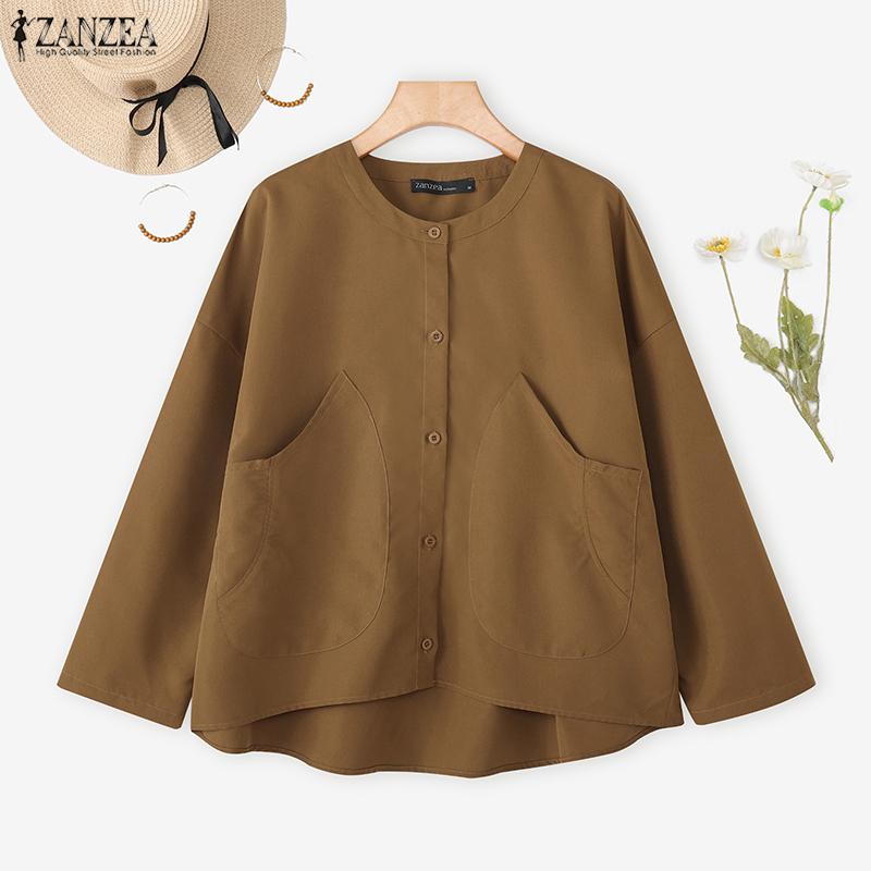 ZANZEA Women Casual Round Neck Loose Long Sleeve Solid Blouse