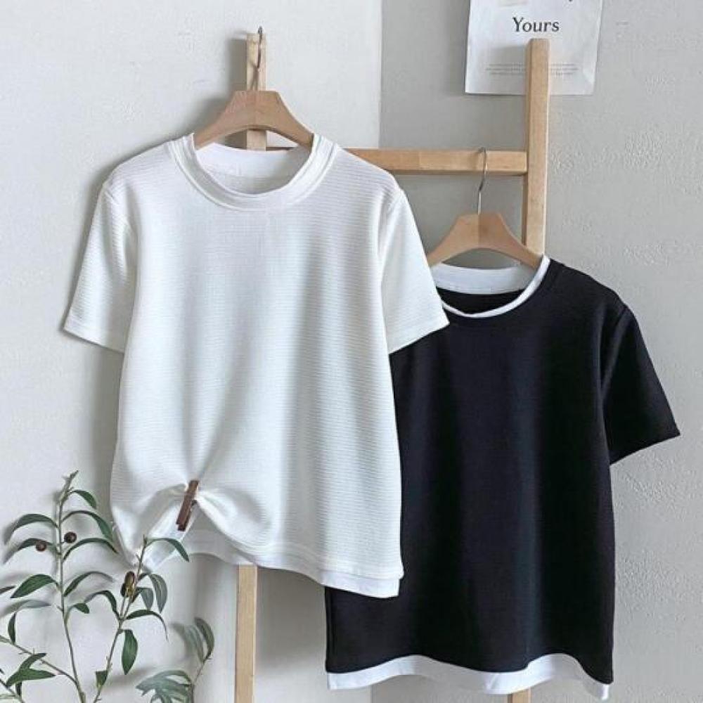 New Arrivals Open Run Women Fake Layered Loose FiT Round Neck T shirT