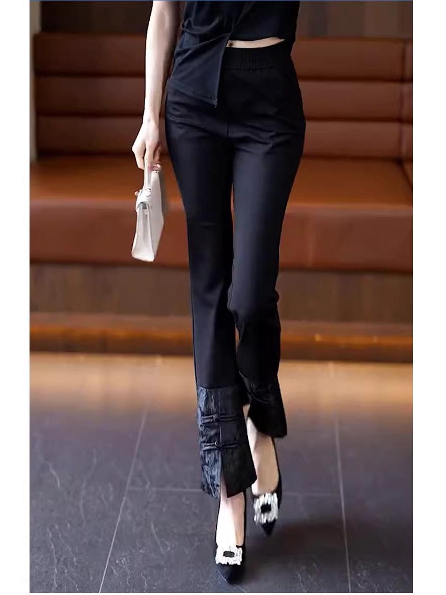 

Женские брюки микроклеш в национальном стиле - Мода лета 2025, Повседневный крой длиной девять точек, Маленький размер M (for 95-105 kg) чёрный