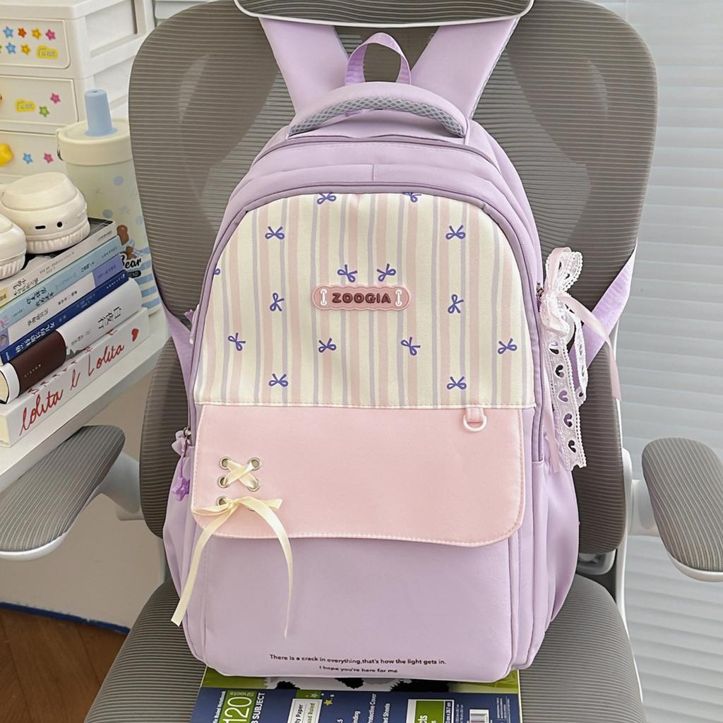 Schoolbag Fresh Striped Bow Backpack Middle School Student Class School Bag Women's Large Capacity Versatile Commuter Backpack