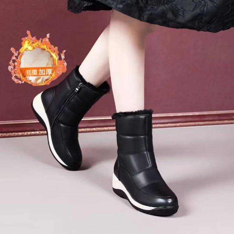 

2024 Winter New Thick Snow Boots Plus Fleece Thickened Non-slip Boots Simple Fashion Wedge Heel Women s Shoes Platform Shoes 35 чёрный
