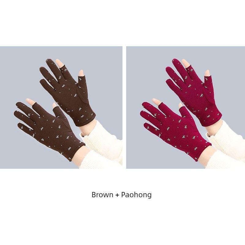

Fleece-Lined Gloves Winter Warm Korean Style Women Woven Nap Leaky Two-Finger Work Elastic Cold-Proof Cycling Driving Dancing Gloves [Coffee + Zaohong] 2 pairs
