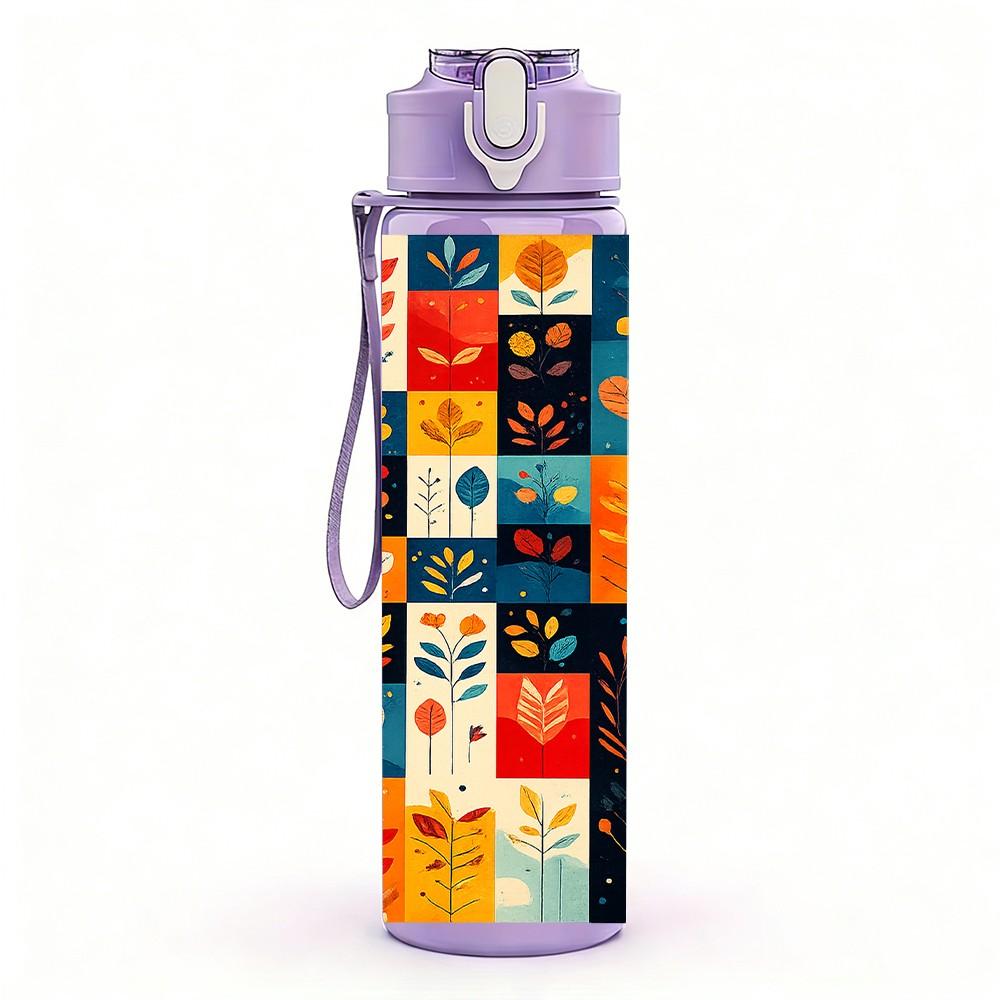 1PC Bright Geometric Patchwork Art Print 750ml Color Plastic Sports Water Bottle Leakproof Flip Straw Lid Suitable for Sports Office Home Use