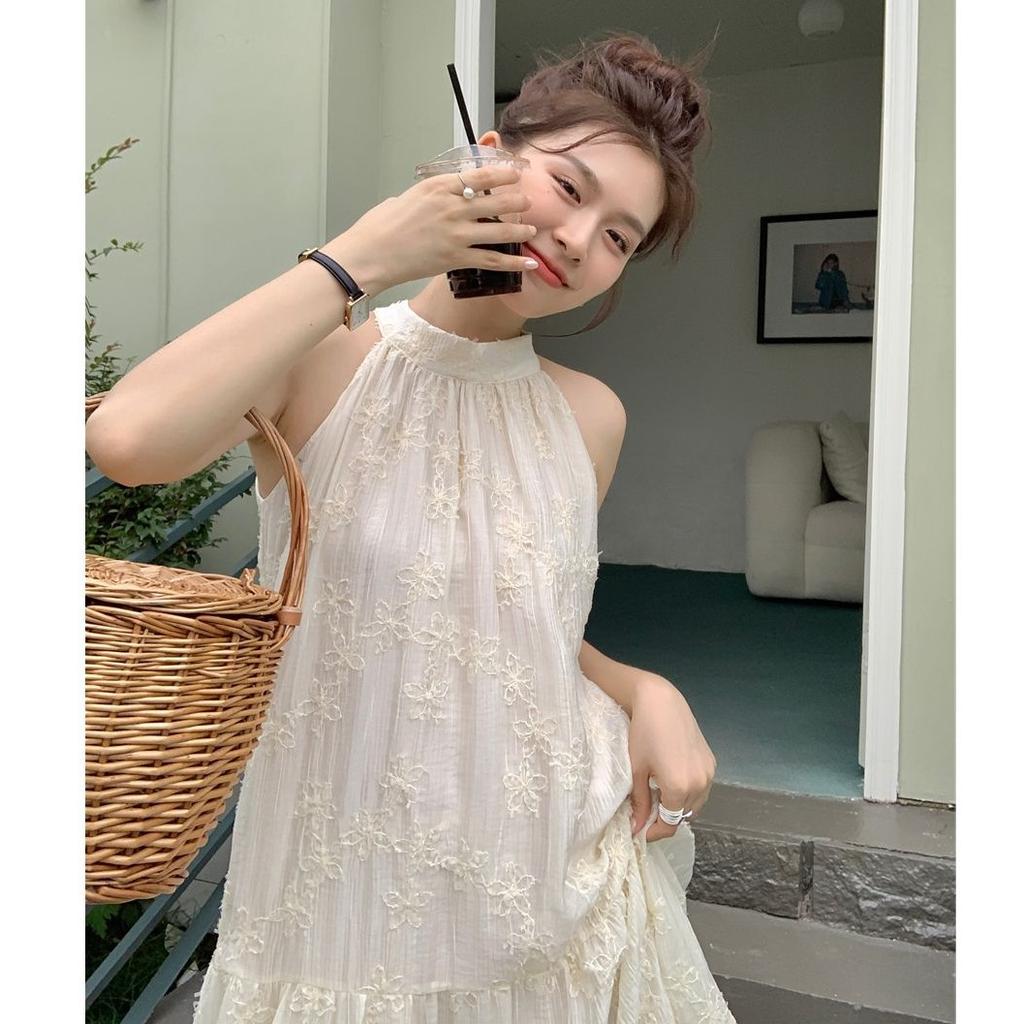 Holiday Style Long Dress Women's French Neck Skirt Summer Chiffon Dress Gentle Wind Embroidery A Word Skirt Women's Fashion Trend