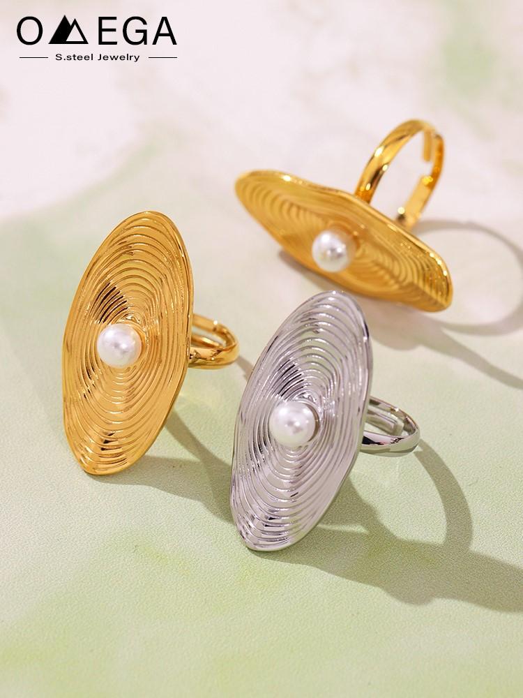 Adjustable Stainless Steel Chunky Rings For Women 18k Gold Plated With Shell Bead Waterproof No Tarnish Women's Large Oval Ring