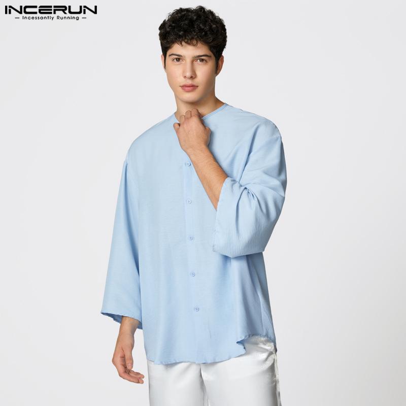 INCERUN S-XXXXXL Men Casual Loose 3/4 Sleeve Solid Color Long Tunic Tops Shirts