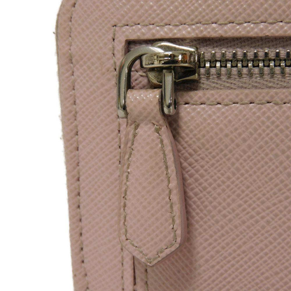 Used Saffiano Keychain 11569 1PP122 7943 L-shaped Zipper Key Ring with Card Case and RFID Triangle Logo, Pink, Women's