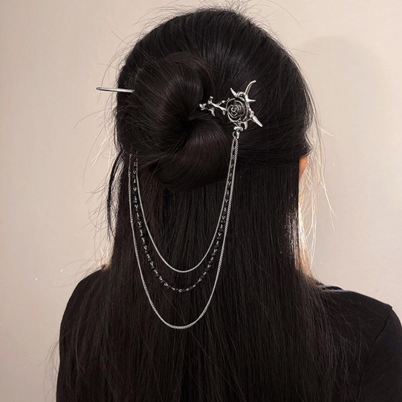 Modern Hair Stick Rose Flower Metal Tassel Hairpin Forks for Women Black Beads Fringe Hair Clasp New Chinese Hanfu Hair Jewelry