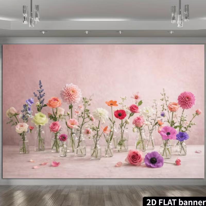 2D Pastel Flower In Glass Vases Backdrop with Pink Background Cloth