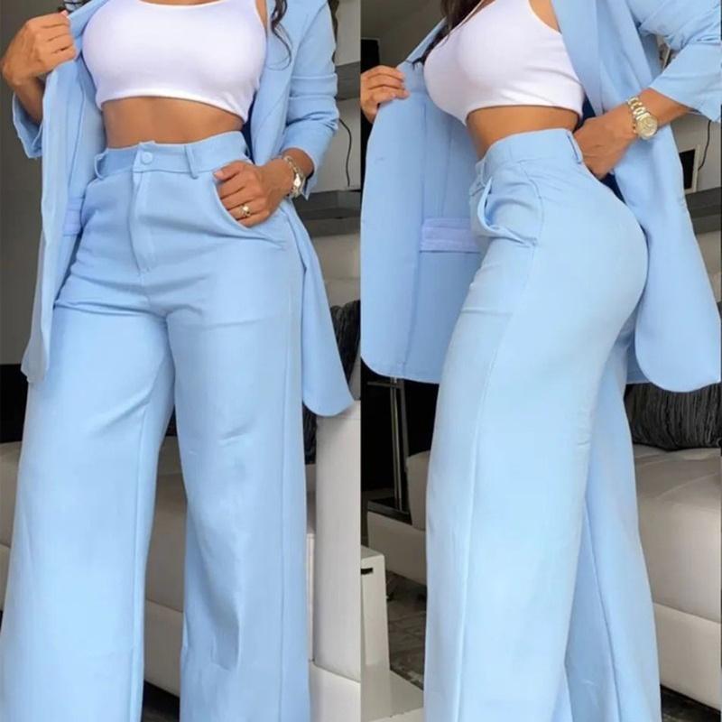 Women's Two Piece Blazer Set Lapel Jacket Wide Leg Pants Elegant Office Suit Outfit