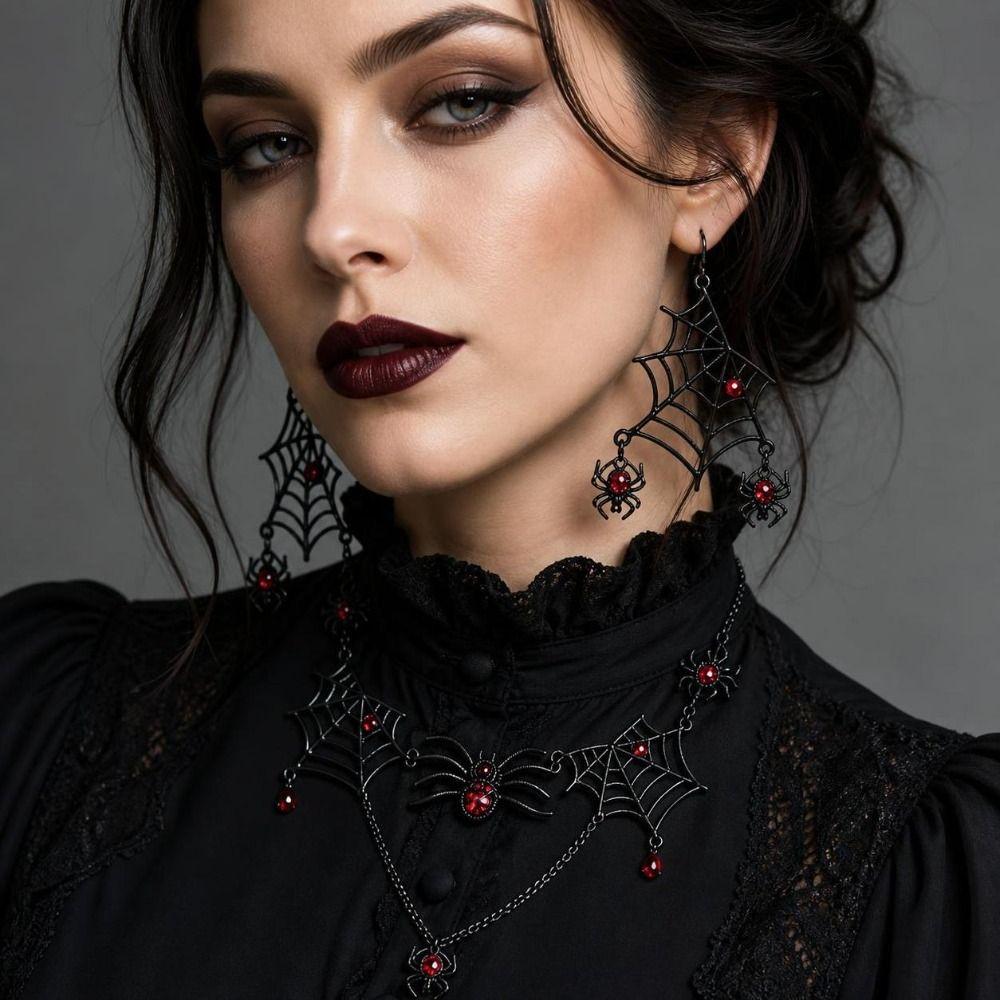 Ornate Halloween Spider Necklace Black-Toned Earring Necklace Set Gothic Jewelry Set Party-Wear