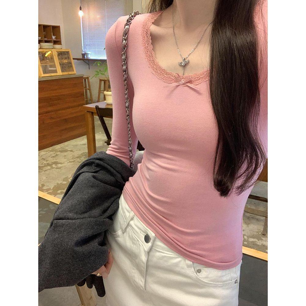 French Chic Lace Long Sleeve T-Shirt: Sweet, Cool, Spicy Collarbone Style, and Waist-Showing Korean Women's Autumn/Winter Top