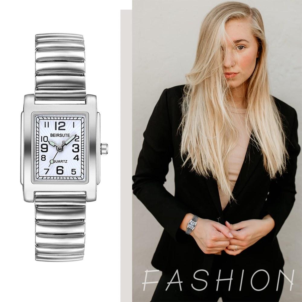 JewelryWe Women's Square Bracelet Watch Elastic Band Analog Waterproof Silver Gift
