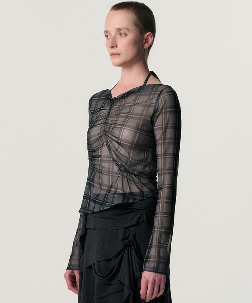 Kimjisu Sheer Plaid Shirring T-Shirt_Grey