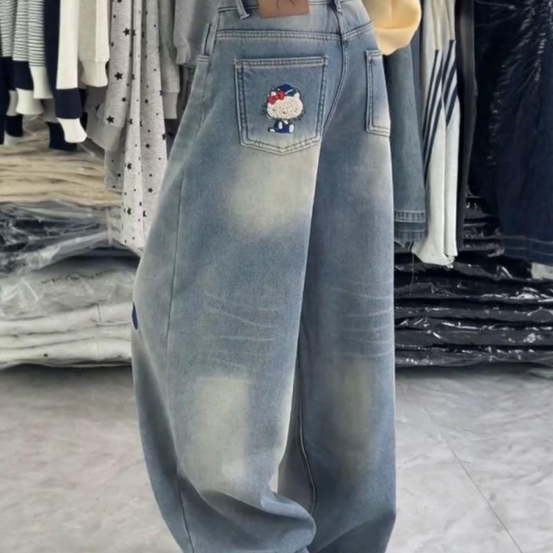 Womens Cartoon Embroidered Jeans 2026 Loose Fit Wide Leg Straight Floor Length Pants