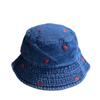 Spring and summer versatile heart-embroidered blue denim bucket hat for women, with wide brim that makes the face look smaller, provides sun