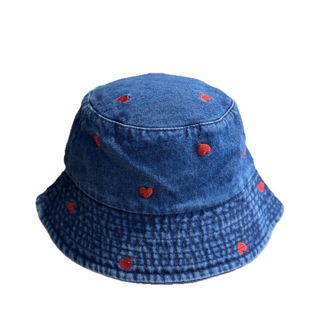 Spring and summer versatile heart-embroidered blue denim bucket hat for women, with wide brim that makes the face look smaller, provides sun