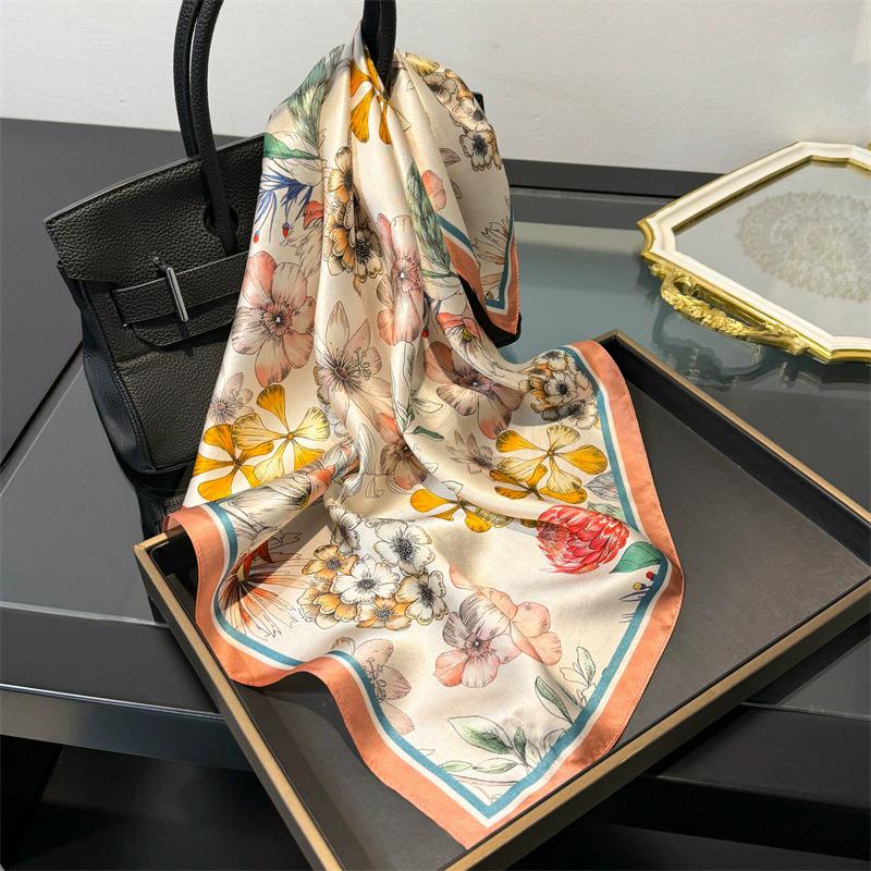 53cm Square Scarf 100% Pure Real Silk Scarves for Women Foulard Fashion 2025 Floral Brand Print Shawls Hijab Bandana Headband