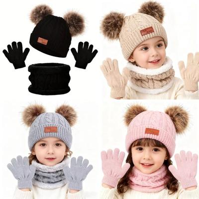 Baby Winter Knitted Hat Gloves Scarf Sets Boys Girls Warm Ear Protection Beanie Hat Gloves Knit Children'S Winter Accessories