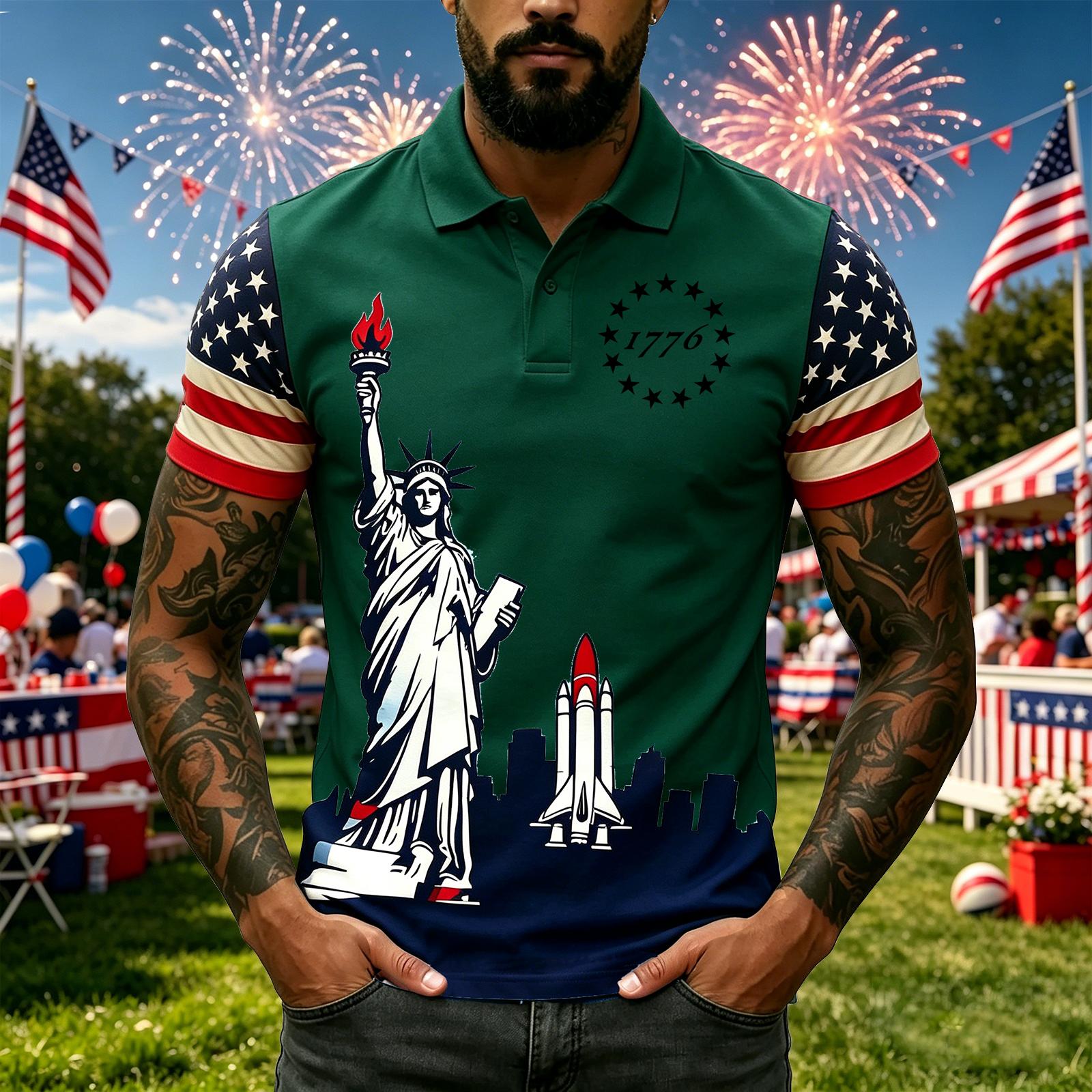 

Men s Casual Independence Day Printed Polo Shirt Short Sleeve Button Down Collar Slim Fit Patriotic Graphic Tee S