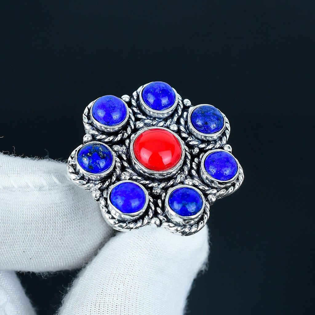 Natural Lapis Lazuli, Red Coral Gemstone Handmade 925 Sterling Silver Ring - Bohemian Jewelry Ring - Handmade Boho Jewelry for Women & Men, Gifts