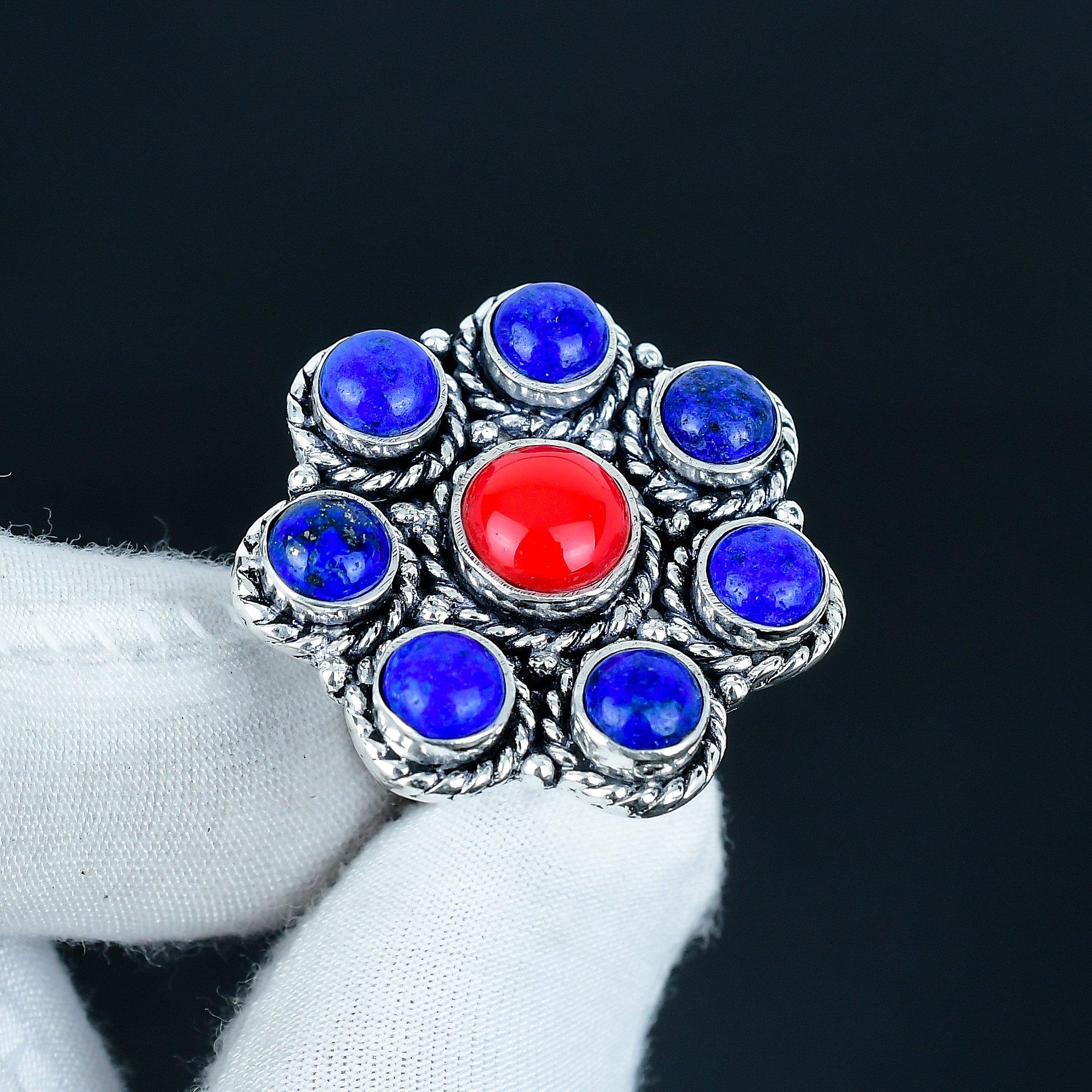

Натуральный лазурит, драгоценный камень красный коралл, кольцо ручной работы из стерлингового серебра 925 пробы - Богемное ювелирное кольцо - Винтажные украшения бохо ручной работы для женщин и мужчин, подарки US 16 синий