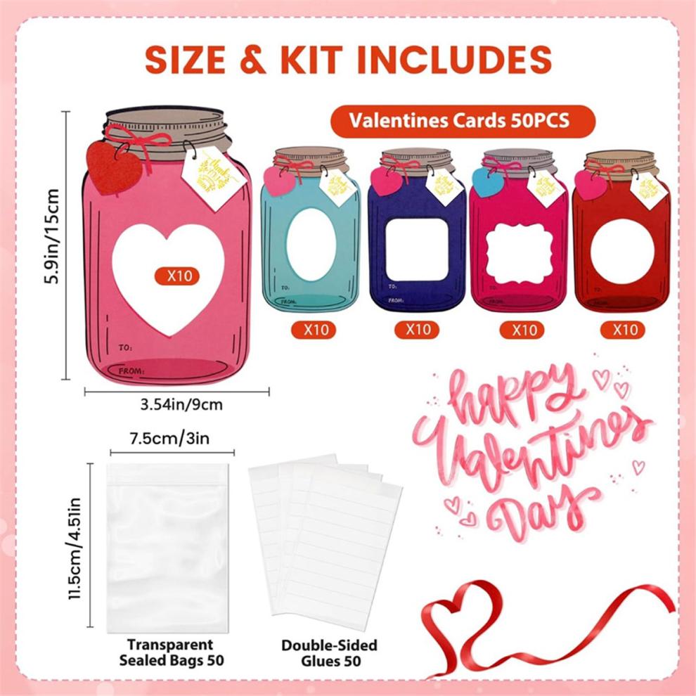 50 Pack Valentines Cards for Adults, Mason Jar Valentines Day Cards