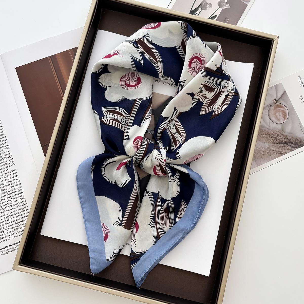 

70см Шаль с принтом роз Квадратный шарф для женщин Мягкий атласный шейный платок Женские резинки для волос Лента Повязка на голову Бандана 70x70CM