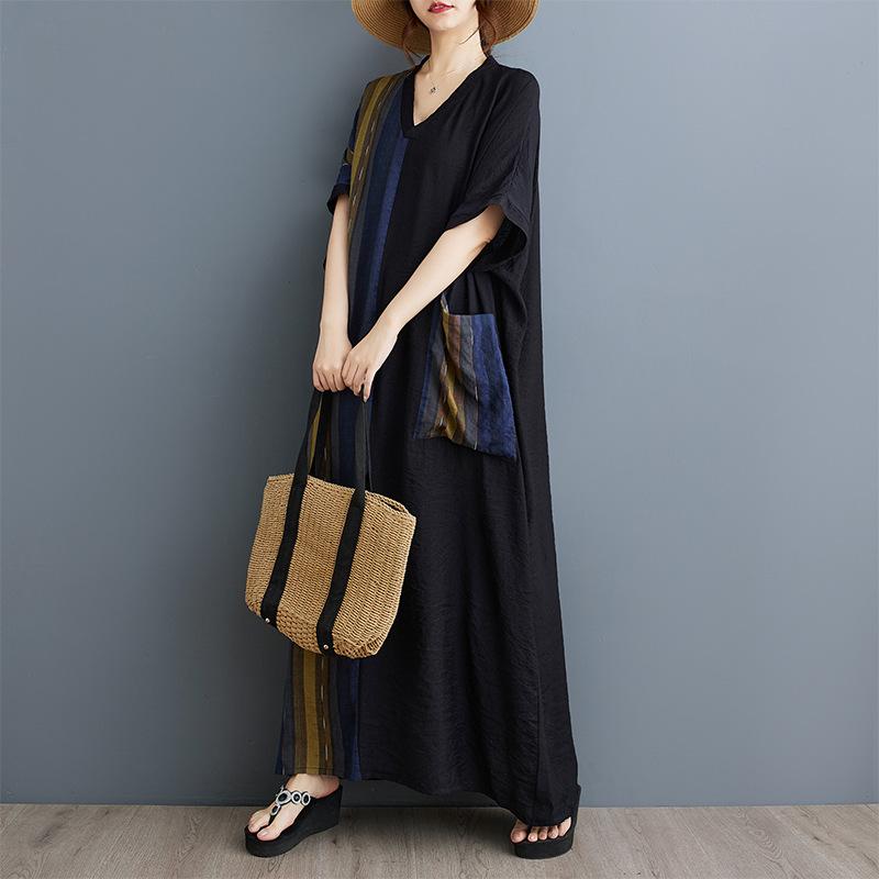 Robe d'été imprimée à col en V et manches courtes en patchwork