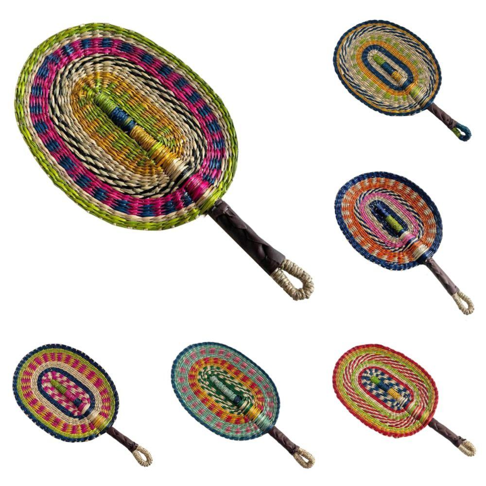 Vintage Seagrass Woven Fan Colorful Striped Patterns Summer Cooling Fan  Home Decoration