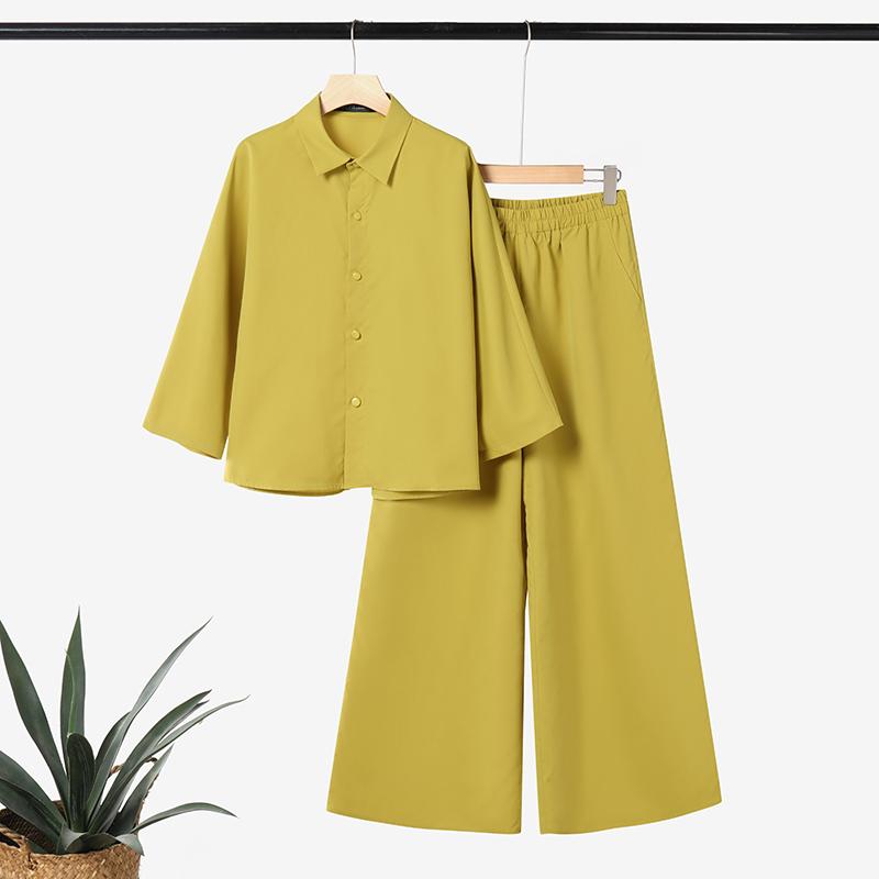 

ZANZEA Женская блузка с длинным рукавом и брюки повседневный комплект из двух частей S жёлтый