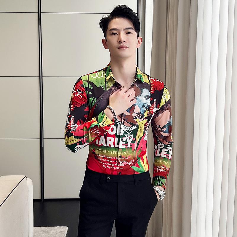 Europejski i Amerykański Styl Męska Koszula z Długim Rękawem z Nadrukiem 2818