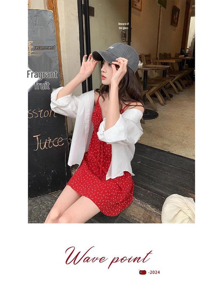 Retro Spicy Girl Red Pleated Spaghetti Strap A-Line Mini Dress - Women's Summer Vacation Slimming Waist Style