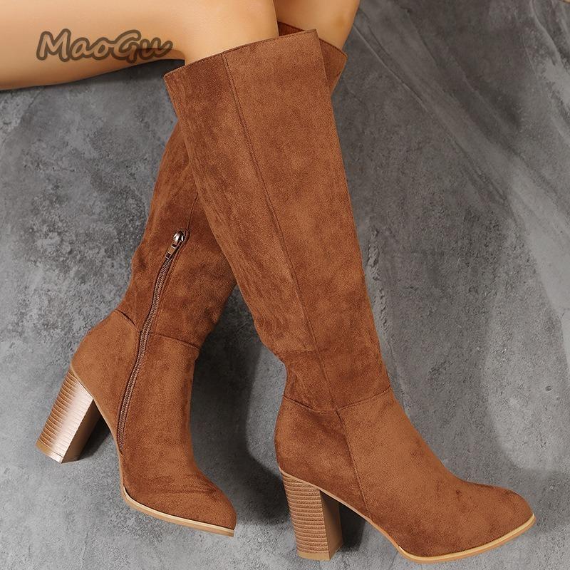 Fashion Retro Knee High Suede Riding Boots Women 2025 Winter Side Zipper High Heels Western Cowboy Boots Warm Plush Leather Shoes Size35